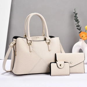 Minimalist beige woven tote bag set with shoulder strap and golden hardware