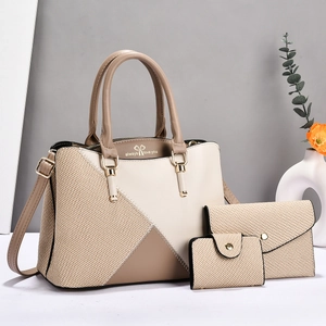 Three-piece beige faux leather and straw tote bag set with detachable shoulder strap