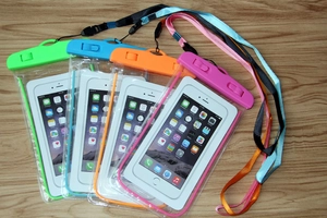 Close-up of colorful PVC waterproof phone pouches with secure seal and lanyards