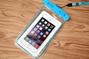 Detail showing the double seal lock mechanism and lanyard of the blue waterproof phone case