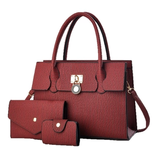 Three-piece dark red handbag set with vertical pleated texture and golden ring buckle