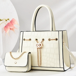 Creamy white crocodile embossed tote bag set with golden chain accessories and small pouch
