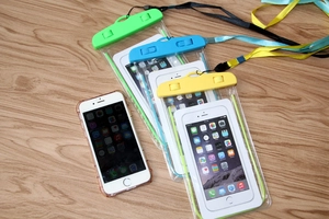Waterproof phone pouches in vibrant colors with secure rotating lock and lanyards