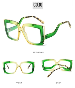 Three views of square sunglasses with green-yellow gradient frames and wavy tortoise legs