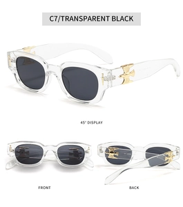 Detail of transparent grey frame sunglasses with gold bird metal accent on the temple arm