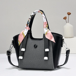 Vintage PU Leather Patchwork Handbag With Satin Scarf Handle Retro Crossbody Bag For Women Trendy Commuting Small Tote