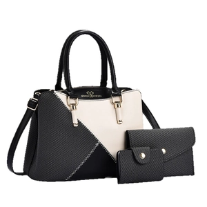 Three-piece women's tote bag set in black woven texture and white leather with heart print