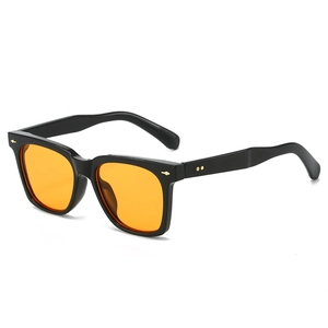 Retro square sunglasses with black frames, orange tinted lenses and gold rivet accents