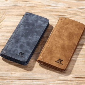 Portefeuille long HENGSHENG pour homme en cuir mat bleu et marron sur bois