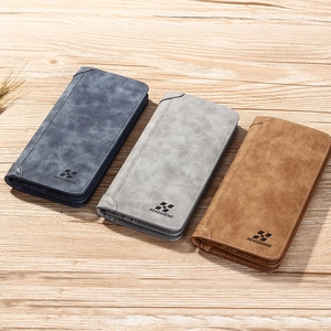 Portefeuilles longs pour hommes en cuir mat, coloris bleu, gris et marron sur bois