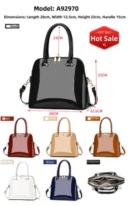 Detailed size specifications for the glossy shell handbag including internal storage layout