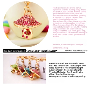 Detailed view of colorful rhinestone mushroom keychain with zinc alloy and Czech crystals