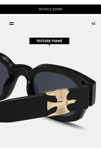 Macro shot of stylish sunglasses showing gold bird embellishment on black temples