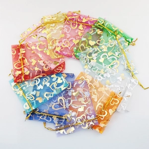 Organza Gift Bags Gold Heart Pattern Drawstring Pouches Jewelry Packaging Wedding Favor Candy Storage Small Treat Bags
