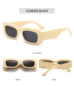 Three perspectives of beige rectangular chunky sunglasses with black lenses on white background