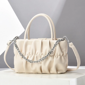 Chic pleated cloud handbag in cream white with silver chain and detachable strap