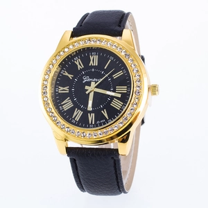 Vintage Geneva leather watch with gold rhinestone bezel and Roman numerals dial