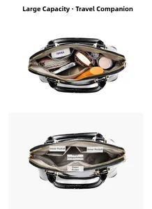 Internal view of black patent leather tote bag showing large capacity and gold hardware