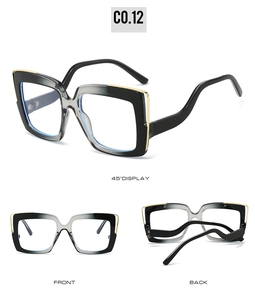 Detail view of large square glasses with unique wavy temples and gold metal accents