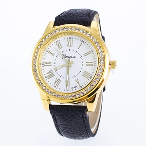 Detailed view of Geneva watch with gold rhinestone bezel and Roman numeral white dial