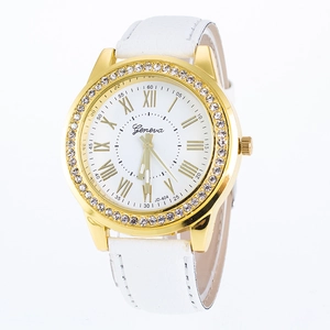 Women Quartz Watch Retro Roman Numerals Analog Alloy Rhinestone Bezel Faux Leather Strap Fashion Elegant Wristwatch