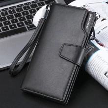 Portefeuille long en cuir noir pour homme avec dragonne et structure multicouche