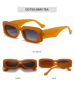 Three views of rectangular tea gray tea sunglasses with translucent amber frames