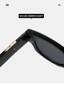 Macro view of the secure golden metal hinge on black oval frame sunglasses