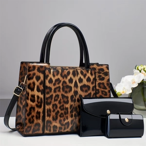 Elegant 3-piece leopard print and patent leather handbag set with shoulder strap