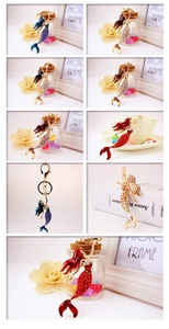 Detailed close-up of rhinestone mermaid keychains with colorful enamel gradient finish