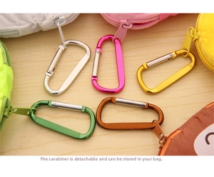 Detail of detachable metal carabiners on zippers of colorful portable shopping bags
