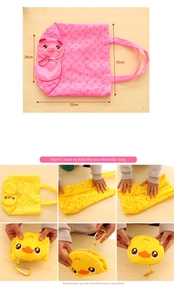 Detail showing foldable animal shopping bag dimensions and step-by-step folding instructions