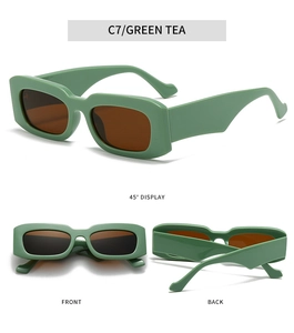 Three views of retro rectangle sunglasses in green tea frame with dark brown lenses