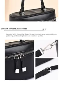 Detailed macro view of silver-tone hardware and multi-layer plating on black leather bag