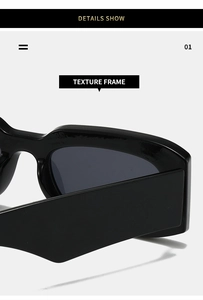 Detailed close-up of the glossy black rectangle frame and premium texture on these sunglasses