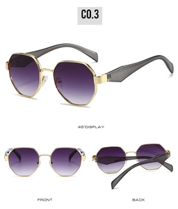Three views of gold octagonal metal sunglasses with gradient purple lenses for women