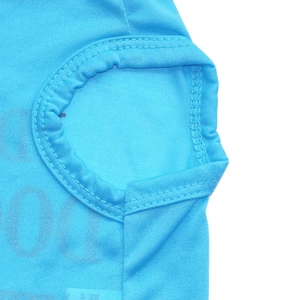 Detail of blue breathable mesh fabric and durable edge stitching on a pet summer vest