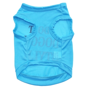Detail of breathable cyan mesh dog vest showing fabric texture and printed neckline