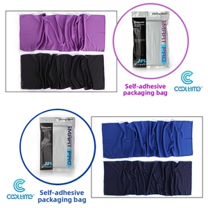 Close-up of breathable mesh fabric sports cooling towels in multi-color self-sealing bags