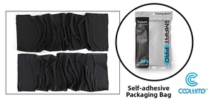 Detail view of black cooling sports towel in transparent packaging with macro mesh texture