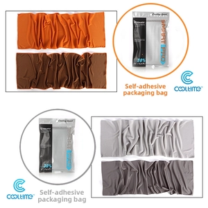 Detail showing the quick-dry cooling sport towels in four colors with professional packaging