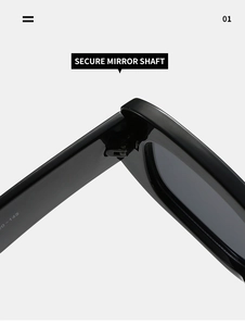 Detailed close-up of the secure metal hinge and size marking on black rectangular sunglasses