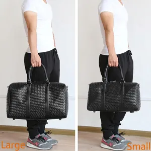 Sac de voyage en cuir tressé noir, modèles large et petit avec poignées en cuir chic