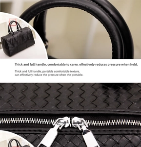 Détails du sac de voyage tressé noir avec poignées rembourrées et doubles fermetures