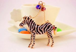 Macro detail of sparkling crystal-studded zebra keychain with gold-tone hardware