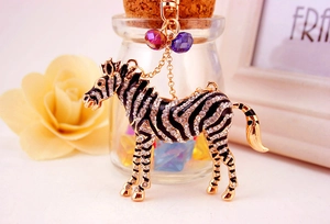 Close-up of zebra keychain with black enamel, rhinestones and lobster clasp detail