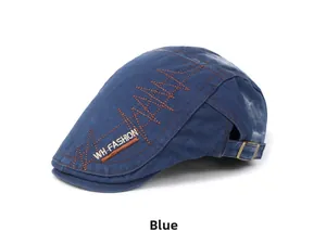 Detail of navy cotton flat cap showing orange Z-stitch and WH FASHION woven label