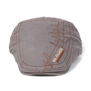 Vintage taupe cotton newsboy cap with geometric stitching and WH Fashion embroidery