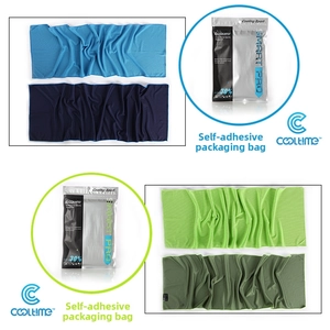 Detail of four cooling towels in self-adhesive bags for fitness and outdoor sports