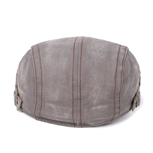 Vintage washed grey cotton flat cap with contrast stitching and metal side buckles